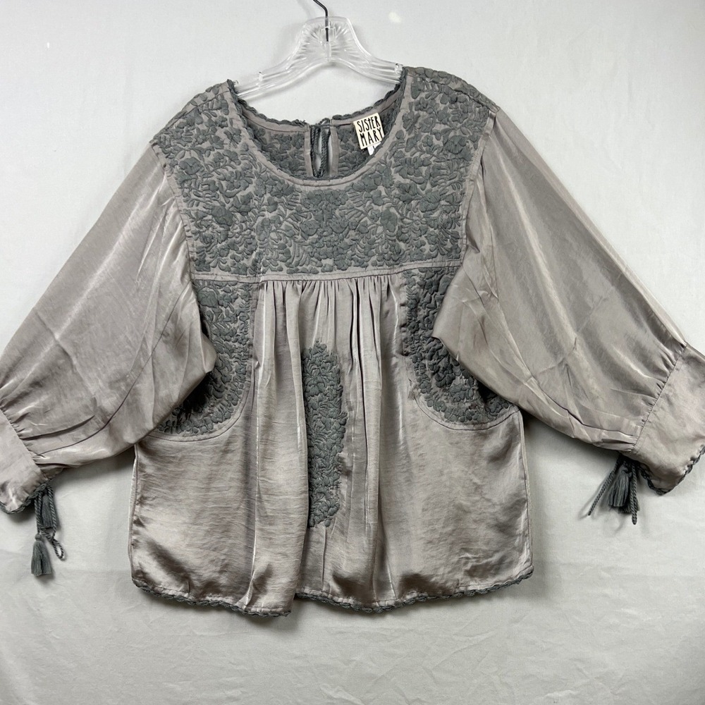 Sister Mary Blouse Womens Large Peasant Top Silver Gray Embroidered Tassel